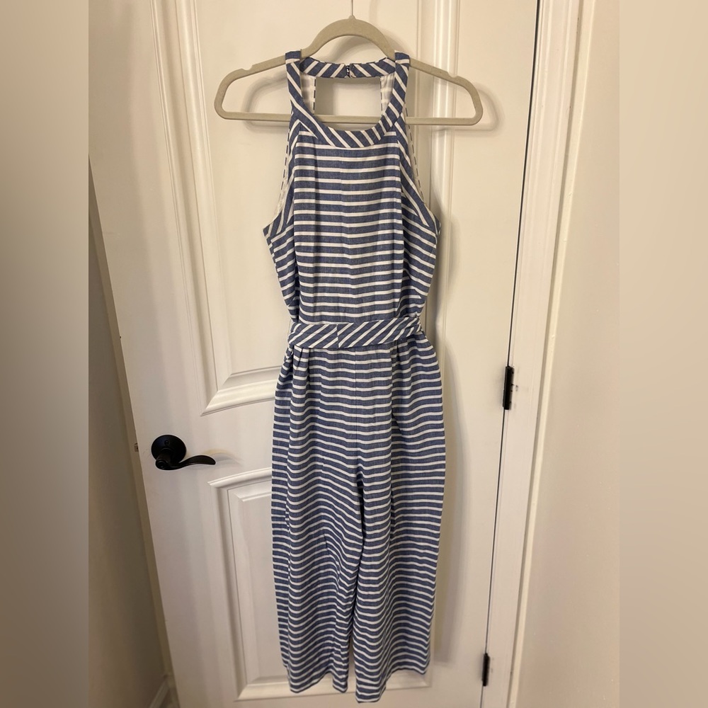 1901 blue and white striped jumpsuit